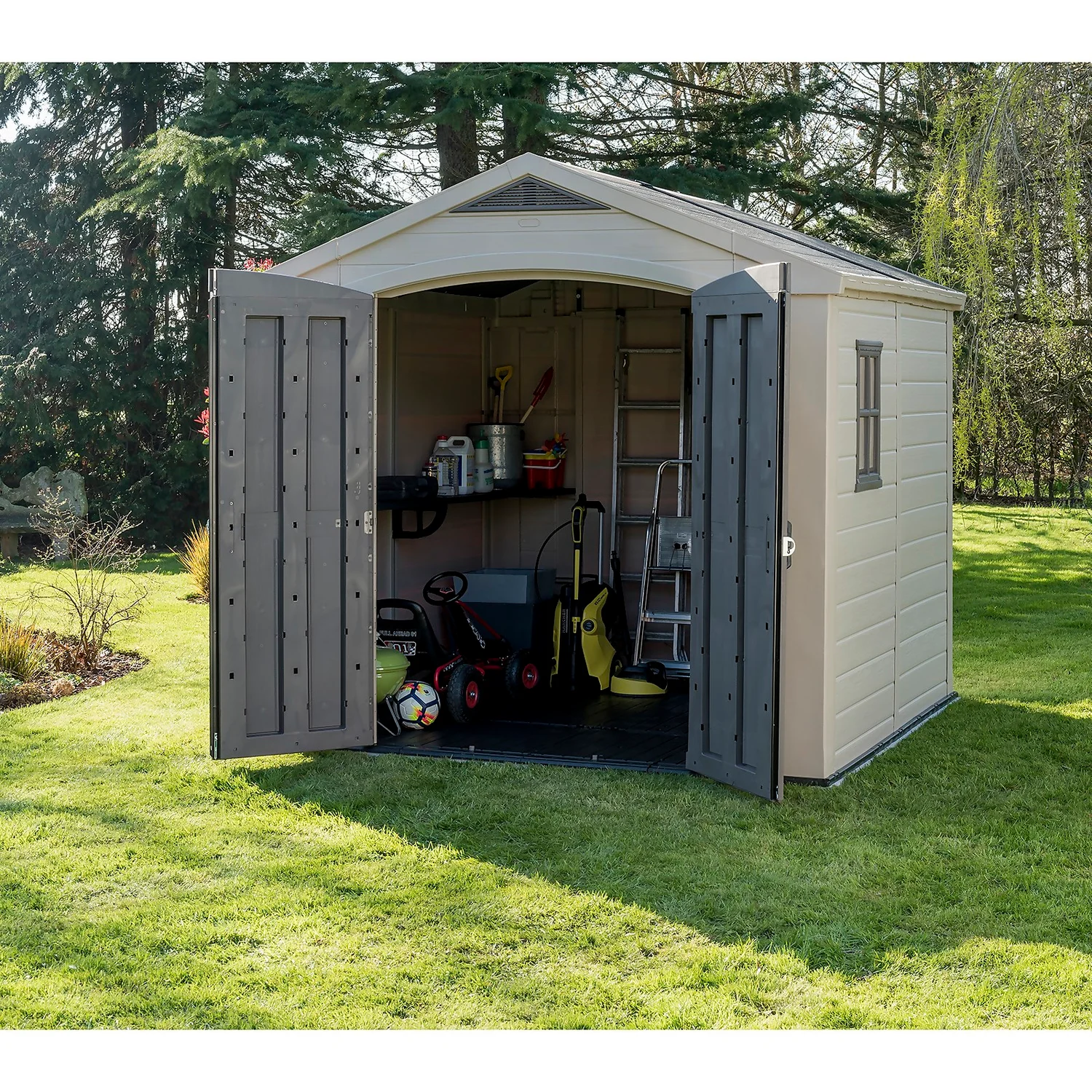 Keter Factor 8 X 8ft Outdoor Garden Apex Storage Shed - Beige/Brown - Image 2