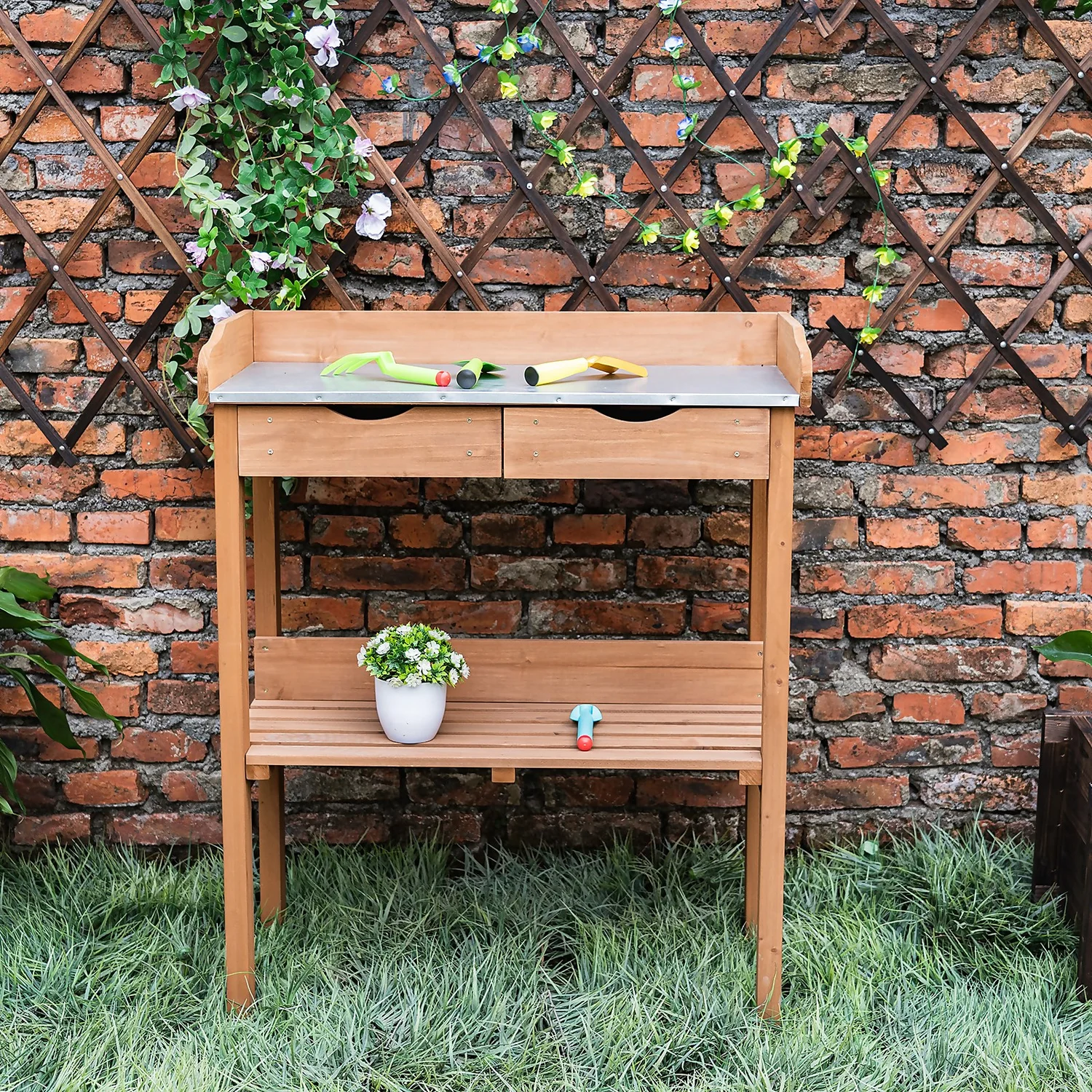 Garden Potting Bench With Two Drawers & Shelf - Image 3